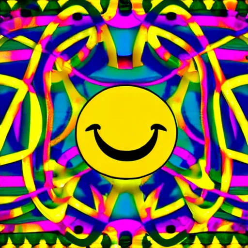 Prompt: acid house music rave graphics psychedelic illustration smiley trippy ecstasy dnb jungle