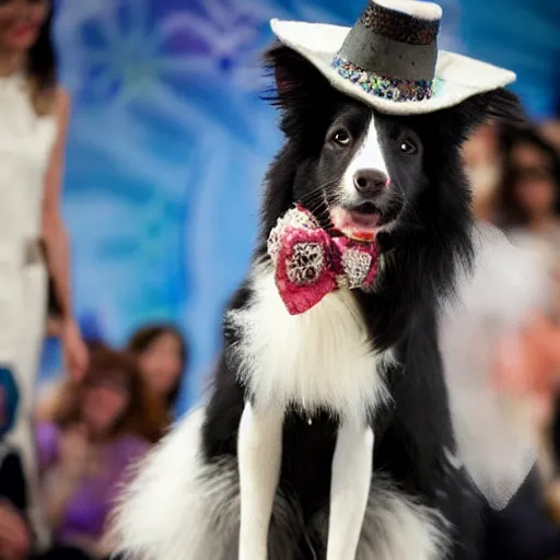 Image similar to a border collie dressed as a woman doing a fashion show in a theater, the audience consists of dogs, painted in acrylic