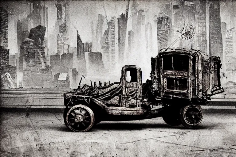 Image similar to cyberpunk 1 9 0 8 model ford t by paul lehr, beksinski, metropolis, parked by view over city, vintage film photo, robotic, damaged photo, scratched photo, silent movie, black and white photo