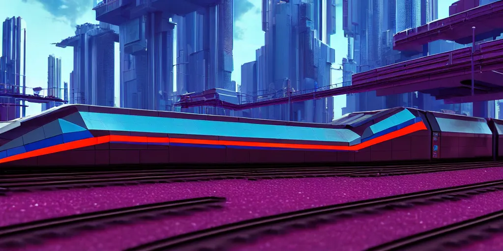 Image similar to a cyberpunk maglev train riding though futuristic station, blocky futuristic cityscape in background, gorgeous lighting and metallic reflection, maroon and blue accents, 8k, large scale, high detail, side profile