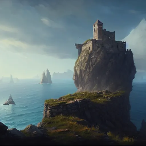 Prompt: Сastle on the rock, first person POV, Unreal Engine, Greg Rutkowski, ArtStation 2