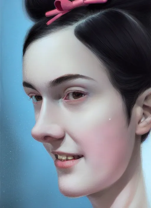 Image similar to portrait of white teenage girl, narrow face, short black hair and eyebrows, bangs, half updo hairstyle, buck toothed smile, unattractive, defined jawline, long chin, wearing hair bow, intricate, elegant, glowing lights, highly detailed, digital painting, artstation, sharp focus, illustration, art by wlop, mars ravelo and greg rutkowski