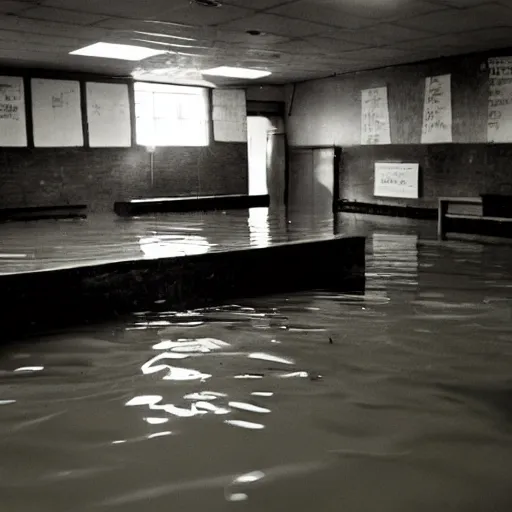 Prompt: photo of a classroom, the floor is flooded with one meter deep water. in the background there is a scary dark mysterious figure. eerie