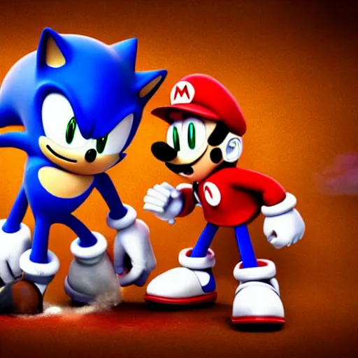 Image similar to sonic beating up mario while he bleeds, dslr, 8 k, octane beautifully detailed render, dark mood, cinematic lighting, detailed photo, masterpiece, volumetric lighting, ultra realistic, highly detailed, high quality, lossless, photorealistic