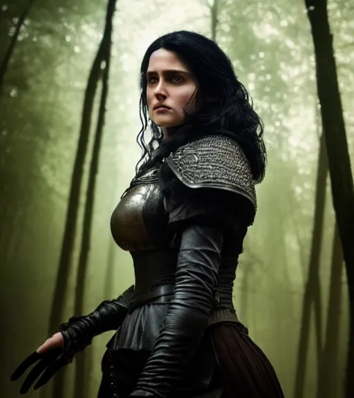 Image similar to 5 5 mm close up portrait photo of anya chalotra as yennefer of vengerberg in black leather armor and long black fluff hair, in a forest. magical atmosphere. art by greg rutkowski. lifelike. very detailed 8 k. intricate. soft light. nikon d 8 5 0.