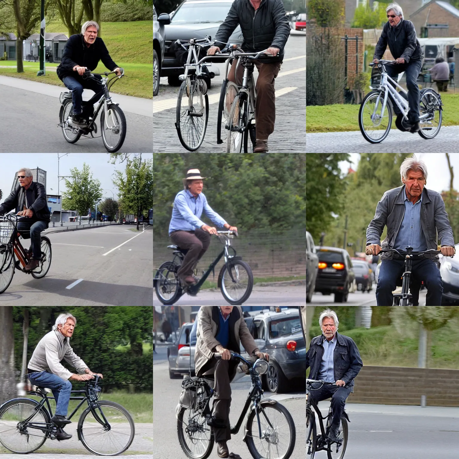 Prompt: harrison ford riding a bike in vlaardingen