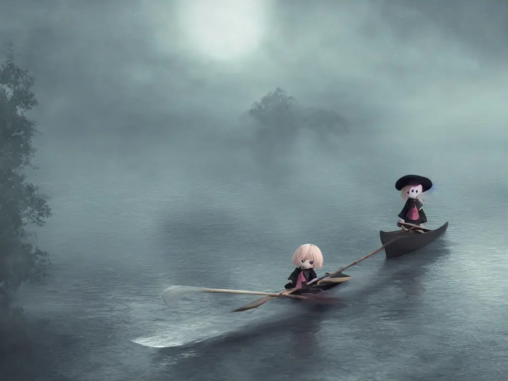 Prompt: cute fumo plush girl witch rowing a small boat through murky river water, river styx, otherworldly chibi gothic horror wraith maiden, lost in the milky void, hazy heavy swirling murky volumetric fog and smoke, moonglow, lens flare, vray