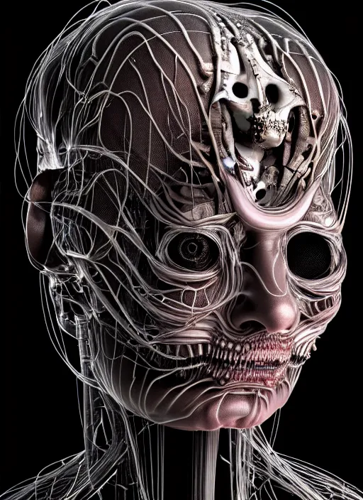 Image similar to portrait of neural nightmares by yoshitaka amano and HR Giger, detailed face face face face, facial structure, hd, 8k, very very very very electronic, biomechanical, biology, bio, neural machine, single subject, terror