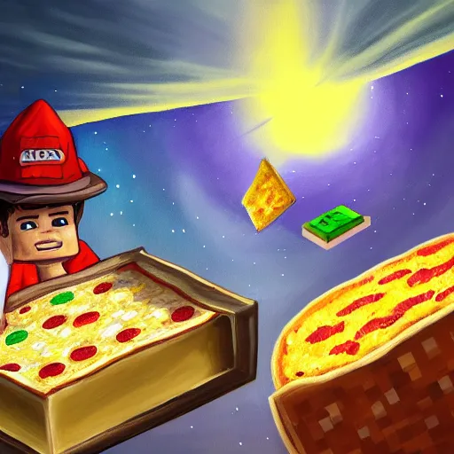 Prompt: a very detailed painting of a little boy with a hat that says MILO running through a cheese and pizza universe, trending on art station, 4k, Minecraft inspired