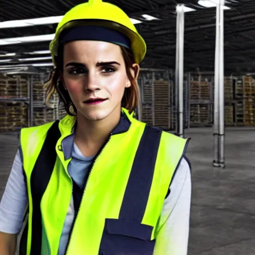 Image similar to photo, close up, emma watson in a hi vis vest, in warehouse, android cameraphone, 2 6 mm, low resolution,