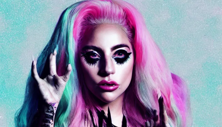 Image similar to lady gaga with long white hair holding a peace sign, an album cover by Hedi Xandt, featured on deviantart, holography, smokey background, matte background, seapunk High resolution. Highly detailed. Dramatic. 8k.4k.