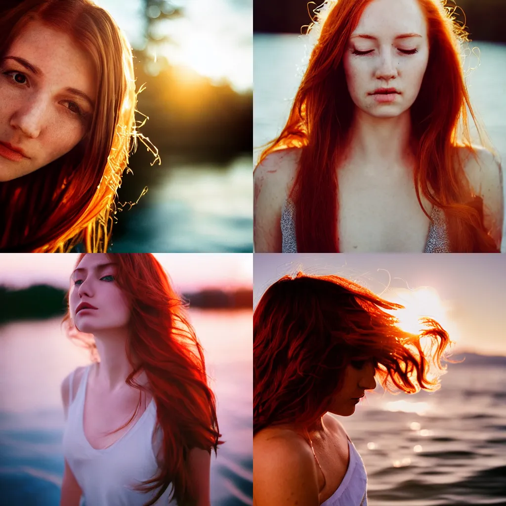 Prompt: A full head portrait photography of a redhead woman floating in water and her face is horizontally semi submerge. Long hair. Sunset. Warm light. Lens flares. Off-center composition. Closed eyes. Fuji C200 film. Detailed. Cinematic. High quality.