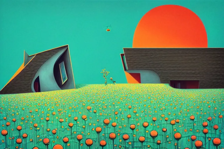 Image similar to surreal glimpse into other universe, house by zaha hadid, summer morning, very coherent and colorful high contrast, art by!!!! gediminas pranckevicius!!!!, geof darrow, floralpunk screen printing woodblock, dark shadows, hard lighting, stipple brush technique,