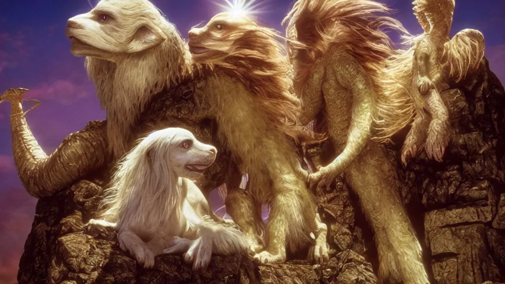 Prompt: falcor the luck dragon. the neverending story movie. sunlit undertones. wolfgang peterson. the dark crystal. 3 8 4 0. 2 1 6 0.