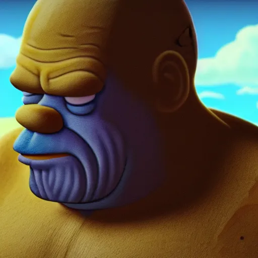 Image similar to CG Homer Simpson as Thanos, cinematic, 4K