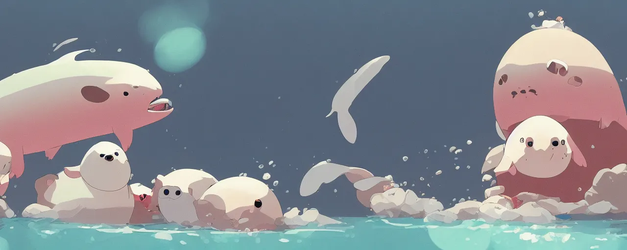 Image similar to piranhas attacking a baby harp seal in a tropical river, blood in the water, atey ghailan, goro fujita, studio ghibli, rim light, dark lighting, clear focus, very coherent