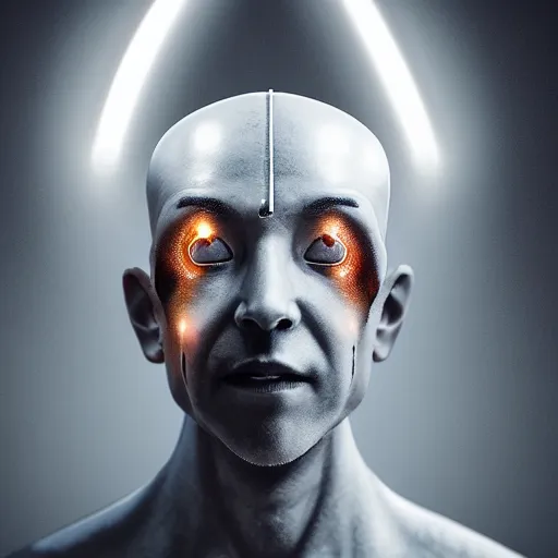 Image similar to Half cyborg half monk discovering enlightenment, dark atmosphere, 8k, cinematic lighting, symmetry, elegant, ornate, hyper realistic, zen