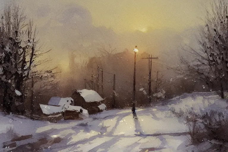 Image similar to small painting centered on white watercolor paper, paint brush strokes, abstract watercolor painting of western town, snowy weather, winter, american frontier, midday sharp light, dust, cinematic light, american romanticism by hans dahl, by jesper ejsing, by anders zorn, by greg rutkowski, by greg manchess, by tyler edlin