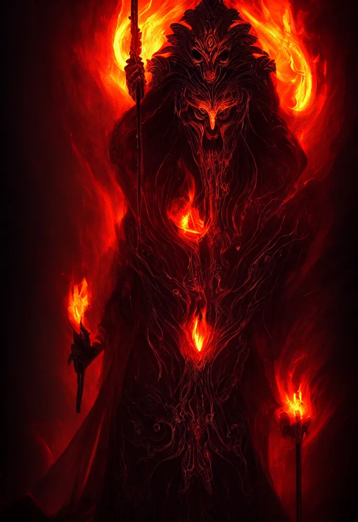 Image similar to the dark deity is reborn from the fire, dark and mysterious, atmospheric, ominous, eerie, cinematic, cinematic, 4k, ultra detail, ultra realistic