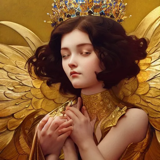 Image similar to Sitting angel girl that holding crown in hands, highly detailed, digital painting, artstation, concept art, smooth, sharp focus, illustration, ArtStation, Daz Studio, art by artgerm and greg rutkowski and alphonse mucha and J. C. Leyendecker and Edmund Blair Leighton and Katsuhiro Otomo and Geof Darrow and Phil hale and Ashley wood and Ilya repin and Charlie Bowate