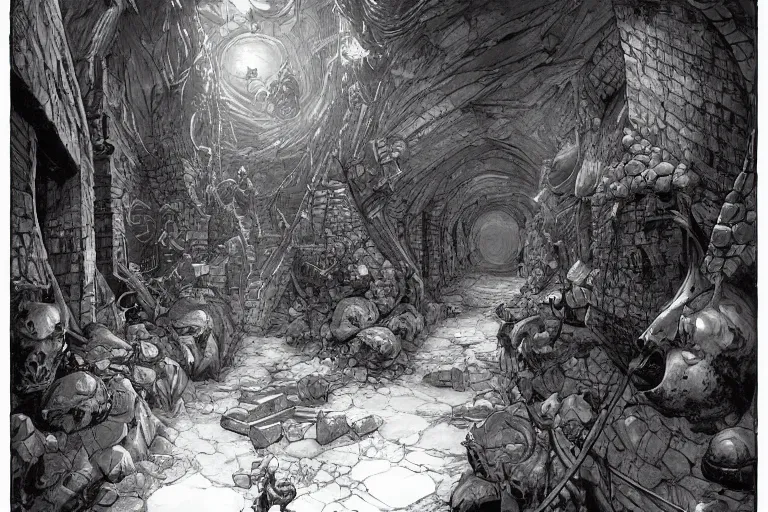 Image similar to black and white one point perspective hellscape dungeon cozy fantasy dungeon hallway view with pit in the middle of the ground by artgerm and Craig Mullins, James Jean, Andrey Ryabovichev, Mark Simonetti and Peter Morbacher 16k