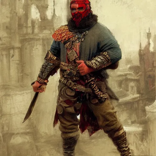 Image similar to a medieval bandit, burly and tough, gearing up for battle, candid, red accents, fantasy character portrait by gaston bussiere, craig mullins