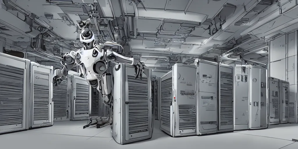 Image similar to parallax datacenter server room white rusty robocowboy in artstation