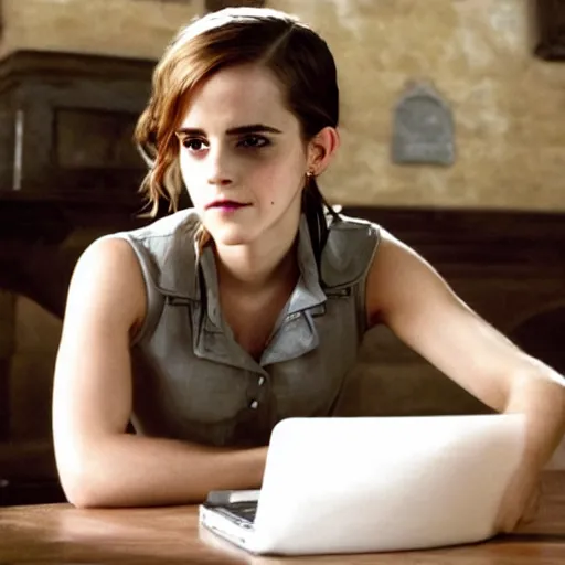 Image similar to Photo of Emma Watson using a computer in Hogwarts