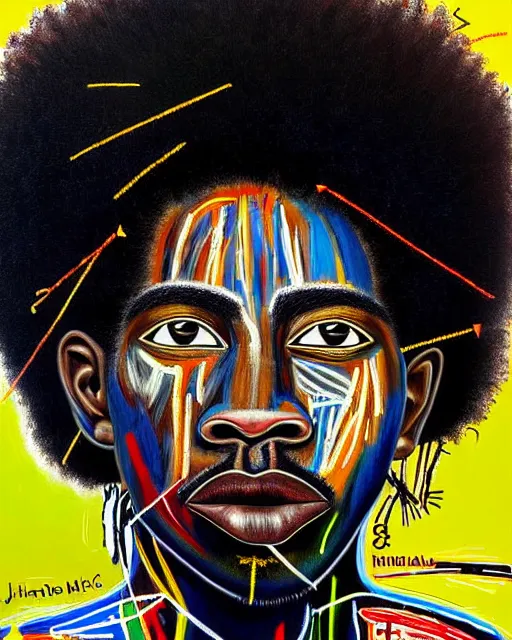 Image similar to A extremely ultra highly detailed majestic hi-res beautiful immaculate head and shoulders award winning painting stunning masterpiece of the face of a strong black african warrior man with an afro by Jean-Michel Basquiat, 8k, high textures, ultra hyper sharp, insanely detailed and intricate, super detailed, 8k HDR ultra high quality