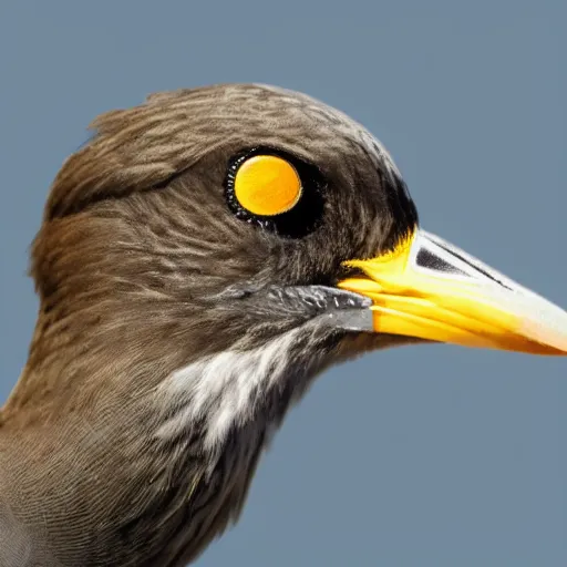 Image similar to bird stares face on into camera with quizzical expression, detailed cartoon