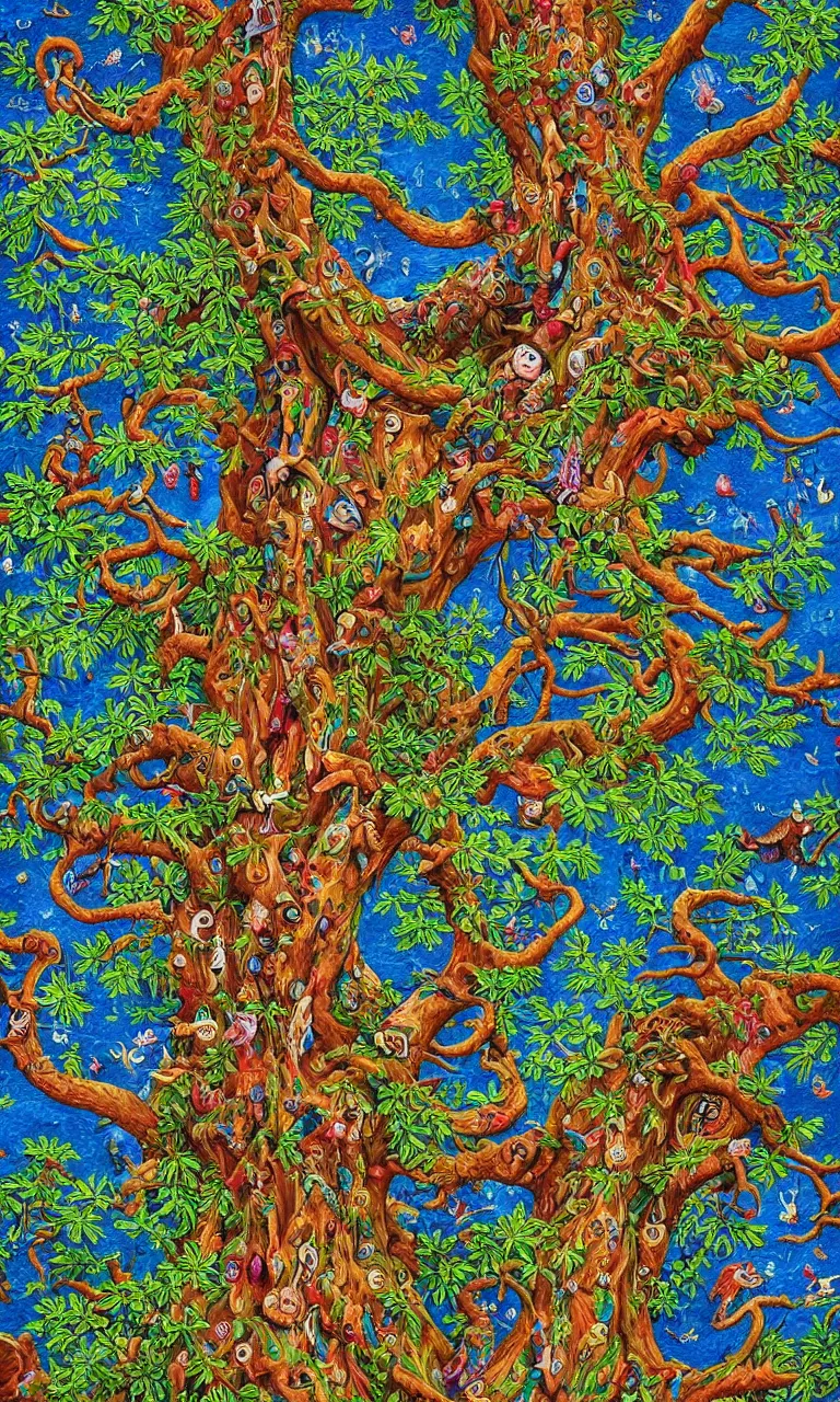 Prompt: an incredibly detailed masterpiece painting of a giant tree by bosch and lisa frank, ornate, beautiful, bold colors, detailed, high resolution, wow!, intricate