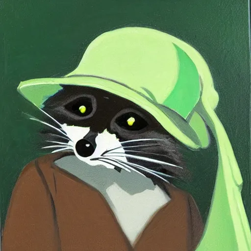 Prompt: oil portrait of an artificer raccoon working on his latest project, with a loupe and green hat, cute, in the style of Studio Ghibli