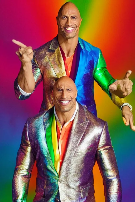 Prompt: photo portrait of the rock wearing a rainbow metallic suit