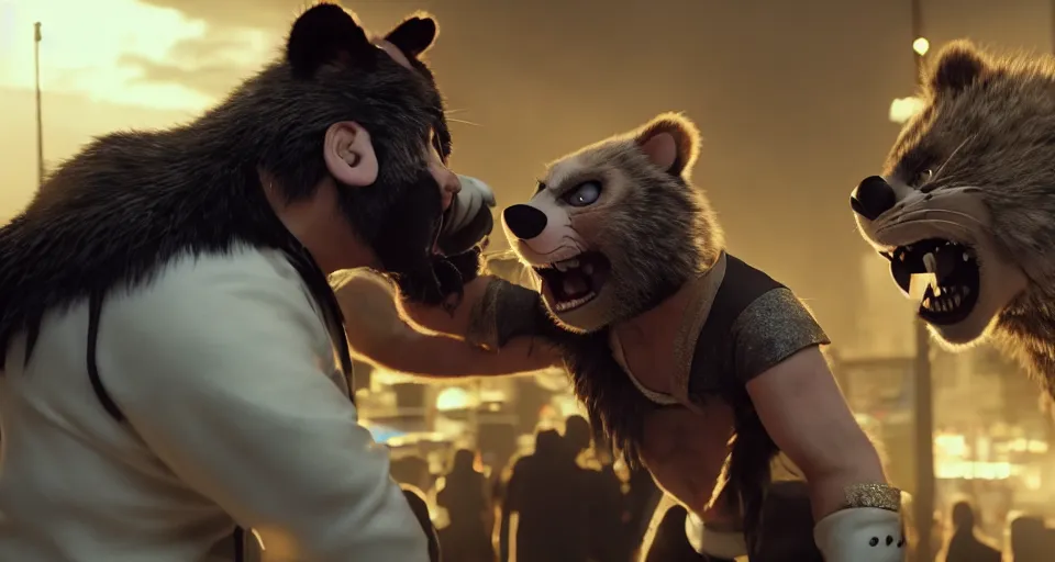Prompt: nicolas cage beating up furry cosplayers, 4 k, octane render, choreographed fight scene, composition, shot by director park chan - wook