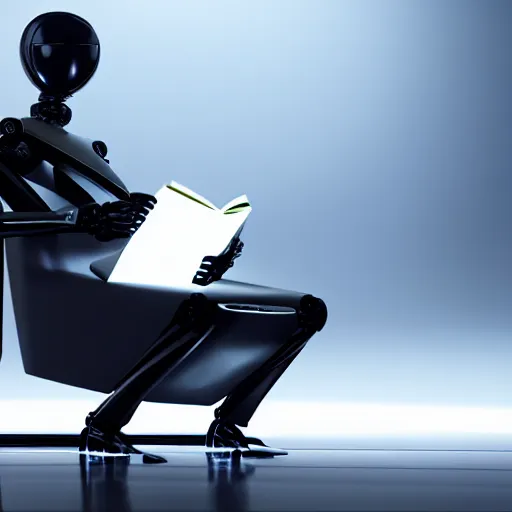 Image similar to a lonely sleek futuristic humanoid robot with big sad OLED eyes and rectangular mouth sits reading a hardbound leather book on a comfortable electronic chair. Cinematic Lighting, Cinematic Movie Photograph, Arri Alexa, Extremely Detailed, smooth, very very clean, simple, 8K, octane render, maya render, unreal engine, trending on artstation, DSLR