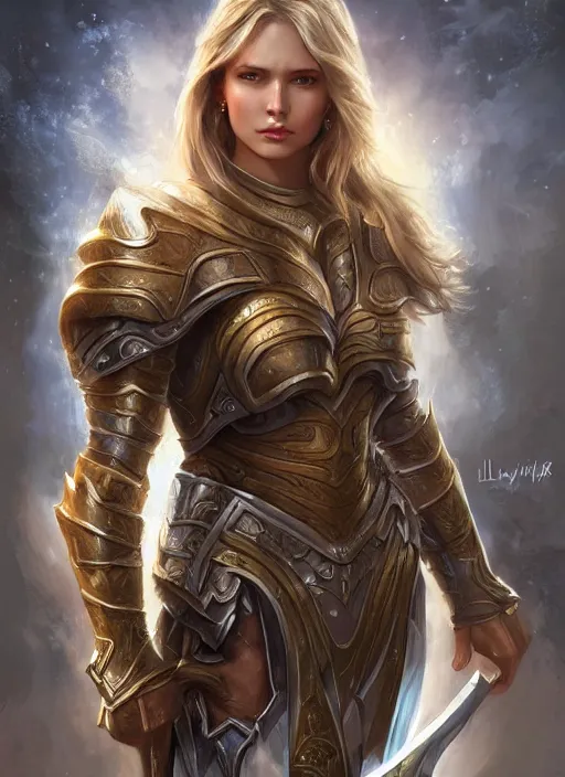 Image similar to a strong female paladin, full body, 8 k, hyperrealistic, hyperdetailed, fantasy portrait by laura sava