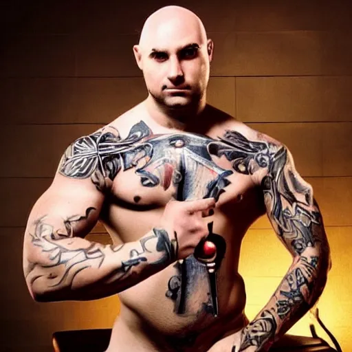 Prompt: muscular bald man, sword in hands, tattooed body, HD, anime,