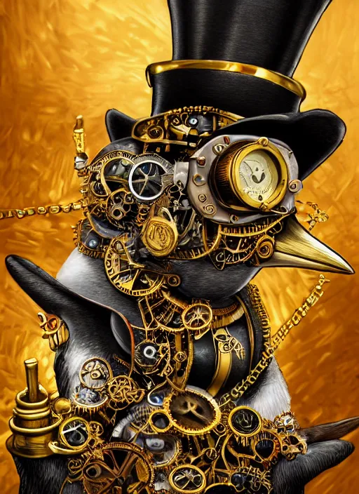 Image similar to athropomorphized rich penguin capitalist sitting on pile of gold, wearing steampunk top hat, steampunk goggles, casting spell, concept art, insanely detailed and intricate, hypermaximalist, elegant, ornate, hyper realistic, super detailed, art deco, cinematic, trending on artstation, magic the gathering artwork