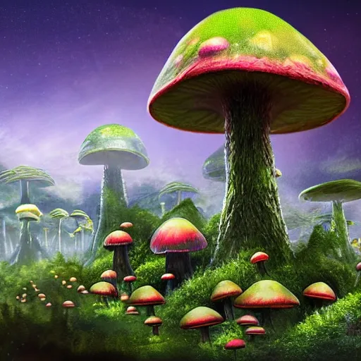 Image similar to an alien landscape with giant mushrooms and plants. Some alien animals are walking around. In the background you can see a futuristic city. Happy, uplifting. Detailed digital matte painting