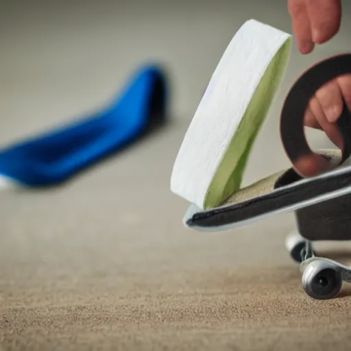 Image similar to toilet paper on a skateboard, macro