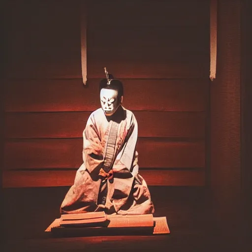 Prompt: photograph of a haunted noh theater, creepy, dark, foreboding, dread, candlelight, low light