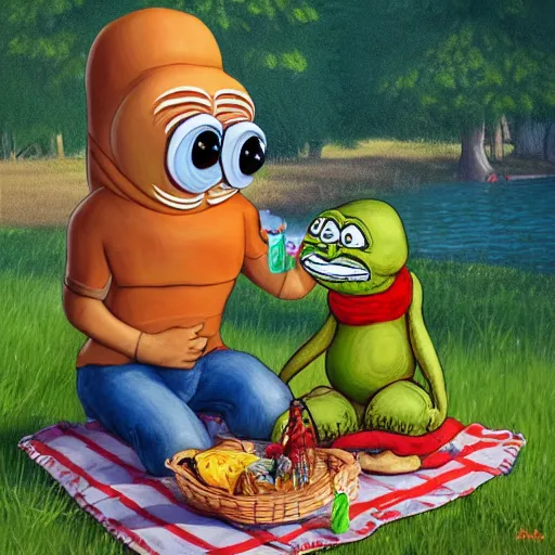 Prompt: Pepe the child and Gondola the child are sitting on a picnic in the park. High detail, masterpiece, trending on ArtStation, award winning.