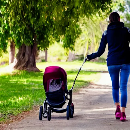 Image similar to a wife going for a walk with her baby on a nice day.