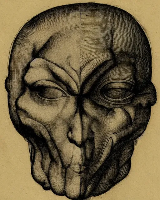 Image similar to head with two faces creature, drawn by da vinci