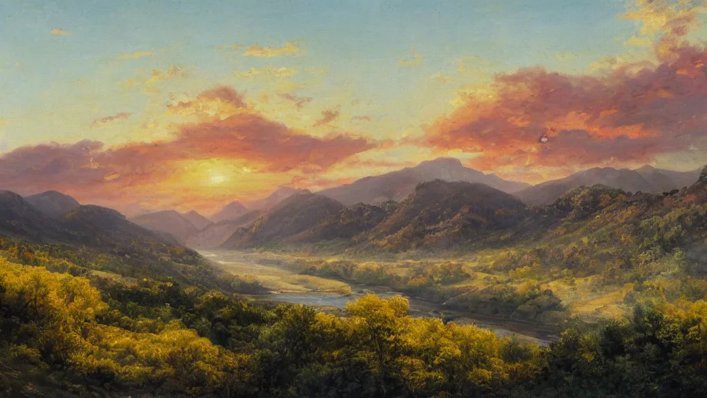 Image similar to The most beautiful panoramic landscape, oil painting, where the mountains are towering over the valley below their peaks shrouded in mist, the sun is just peeking over the horizon producing an awesome flare and the sky is ablaze with warm colors, lots of birds and stratus clouds. The river is winding its way through the valley and the trees are starting to turn yellow and red, by Greg Rutkowski