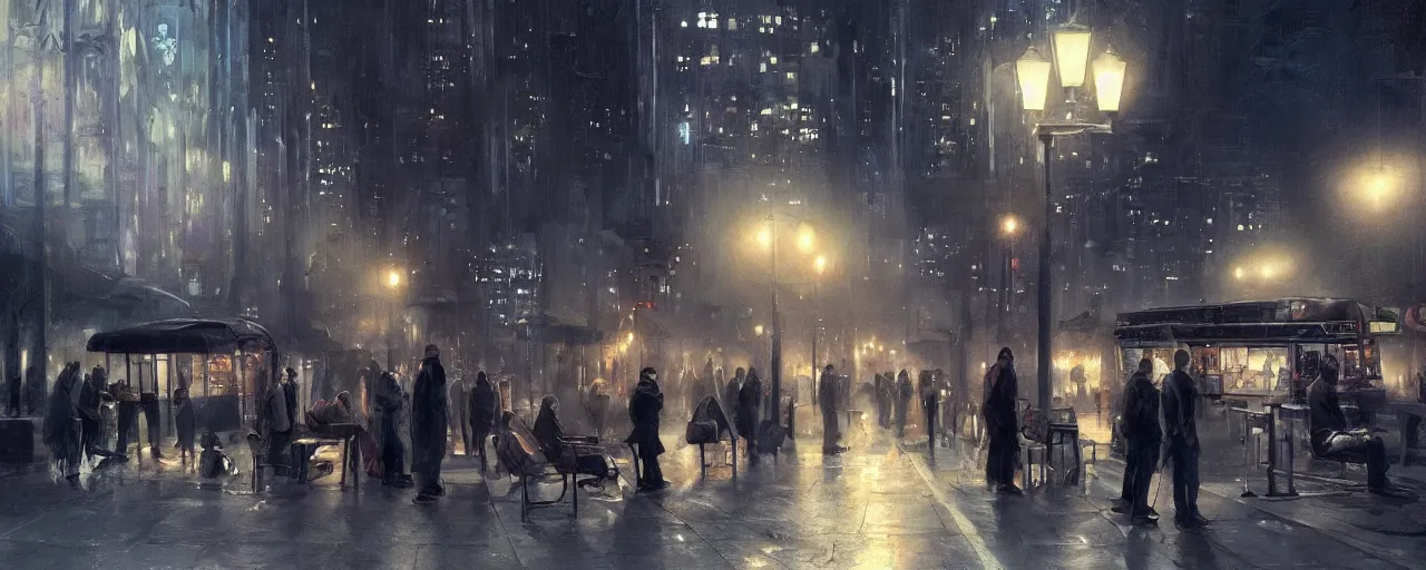 Image similar to some people waiting at the bus stop in the dark city night. most epic dramatic scene. epic cinematic hyperrealism masterpiece. realistic poster with shaded lighting by craig mallismo, artgerm, jeremy lipkin and michael garmash, unreal engine, radiant light, detailed and complex environment, digital art, art station trends