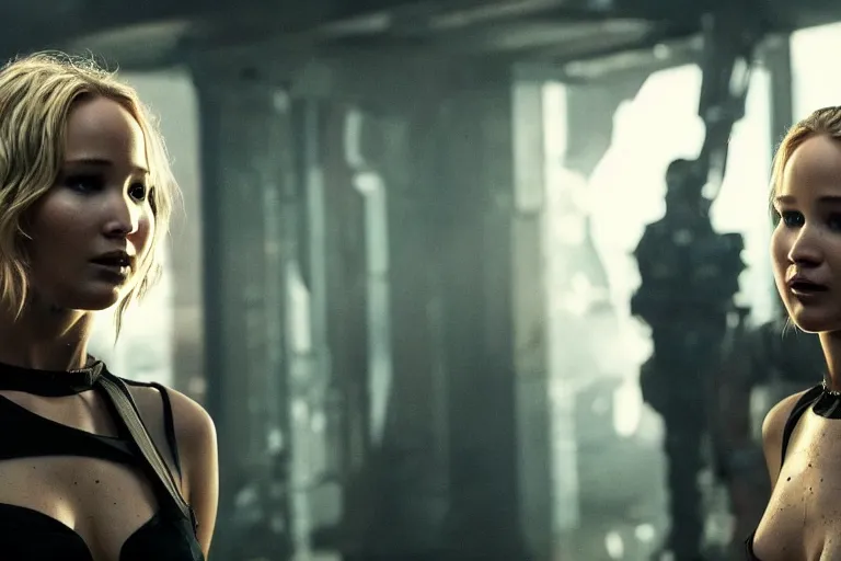 Prompt: jennifer lawrence in a cyberpunk outfit, sci-fi movie still, cinematic lighting