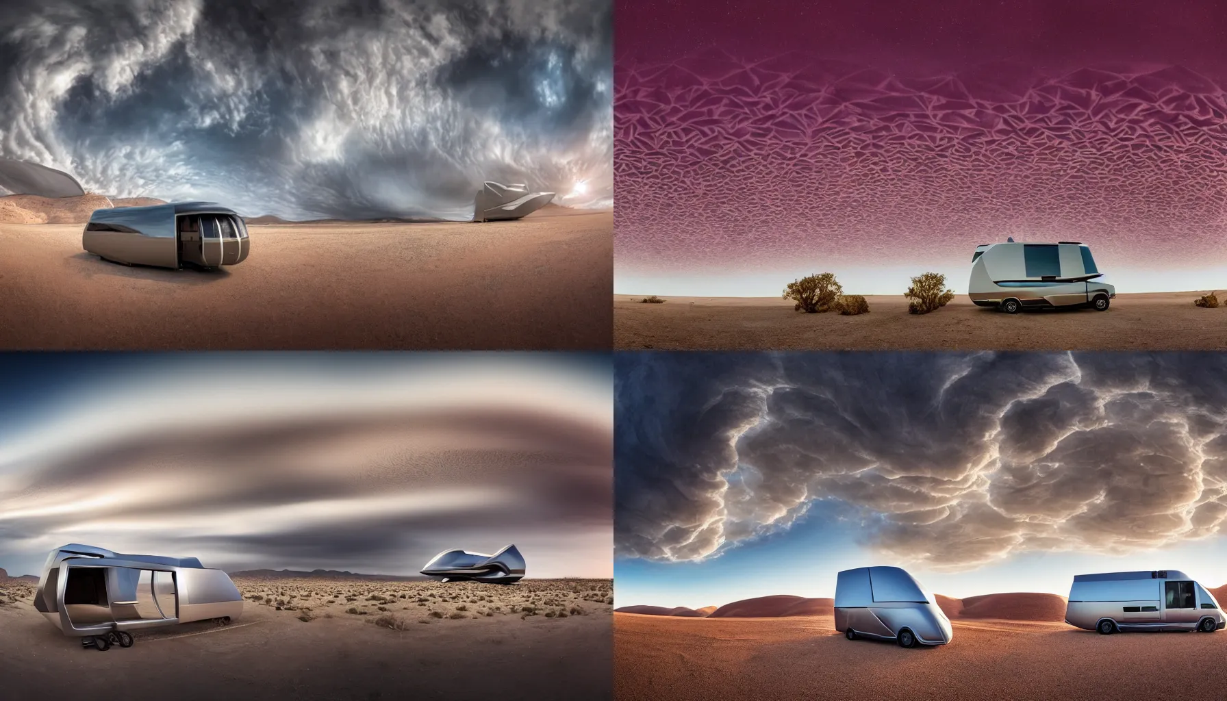 Prompt: a professional photograph of a beautiful futuristic Winnebago designed by Buckminster Fuller and Zaha Hadid in a picturesque alien desert Mammatus clouds worms eye shot, wide-angle, racking focus, extreme panoramic, Dynamic Range, HDR, chromatic aberration, Orton effect, Photo by Marc Adamus, Ryan Dyar, Ezra Stoller, and Andres Gursky