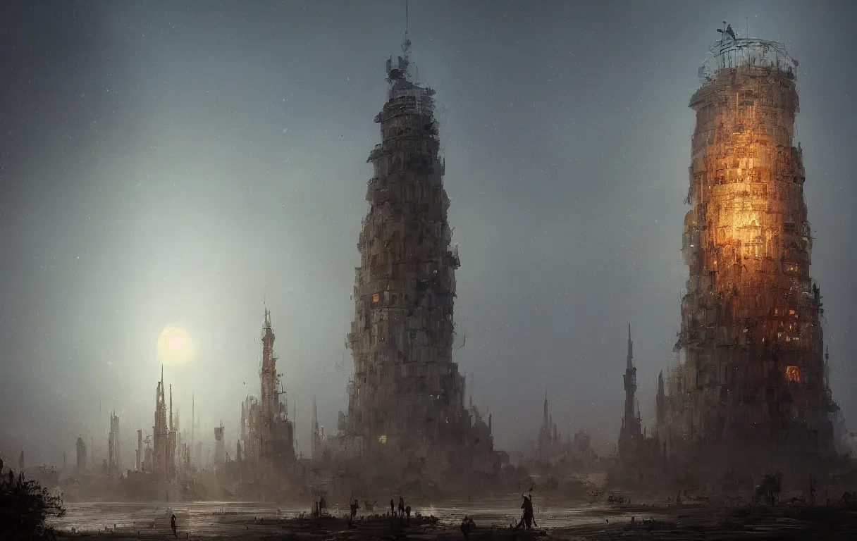 Image similar to A digital painting of the tower of Babylon, dim moonlight, by Ismail Inceoglu and Caspar David Friedrich, stunning, photorealistic, highly-detailed, 4k, ue5, light effect, rtx on, realistic, cinematic, IMAX quality, trending on artstation