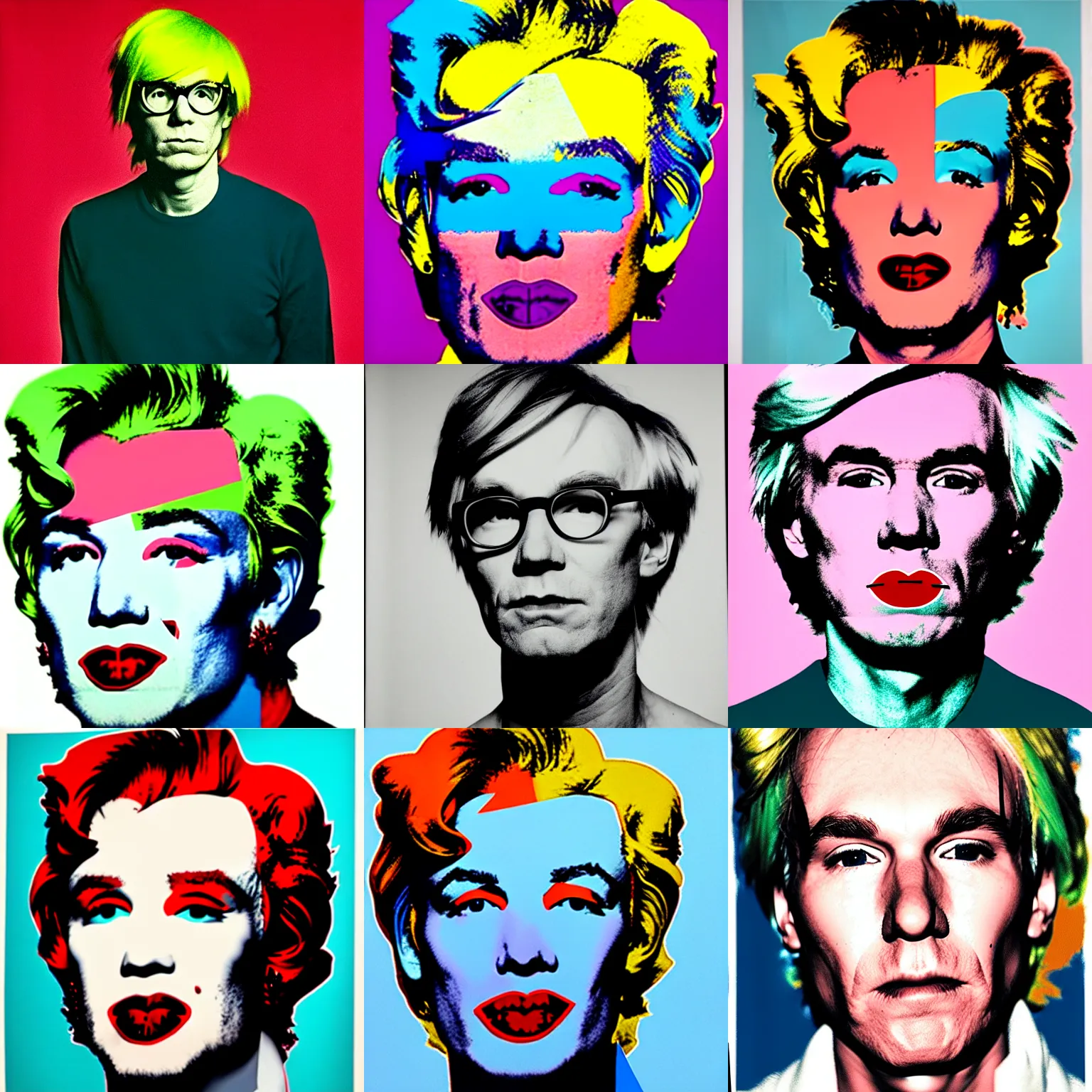 Prompt: colour portrait of andy warhol, 30 years old, who looks sternly straight into the camera, with shoulders visible in the frame. in the style of andy warhol